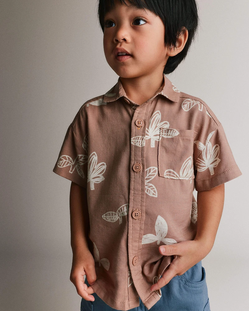 Toddler Boy Button-Down Short-Sleeve Shirt Plant Print - Brown