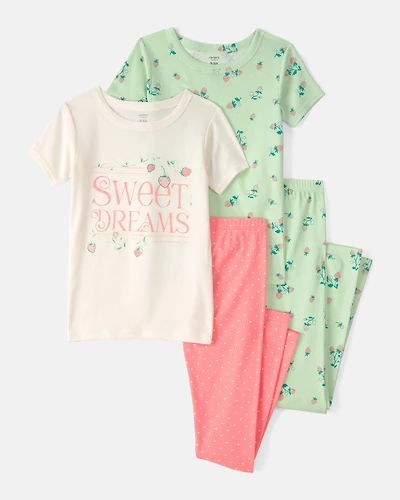 Girls Strawberry 100% Cotton Snug Fit 4-Piece Pajama Set - Green/Pink
