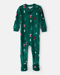 Toddler Christmas Tree Print Velour Long-Sleeve Loose Fit 1-Piece pyjamas - Green