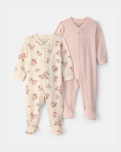 Baby Girl 2-Pack Floral Striped 100% Cotton 2-Way Zip Sleepers - Pink