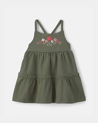 Baby Girl Flower Embroidered Sleeveless Dress - Olive
