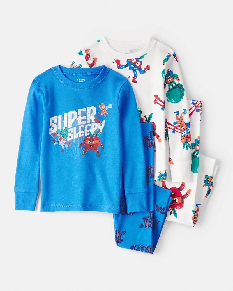 Toddler Veggies 100% Cotton Loose Fit 4-Piece Pyjamas - Blue/White