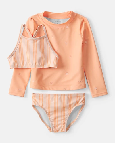 Toddler Girl 3-Piece Sleeveless Rashguard Swimsuit Set - Orange