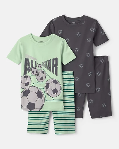 Boys Soccer 100% Cotton Short-Sleeve Snug Fit 4-Piece pyjama Set - Green/Grey