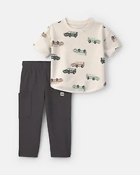 Toddler Boy 2-Piece Car French Terry Short-Sleeve Top & Pant Set – Cream/Grey