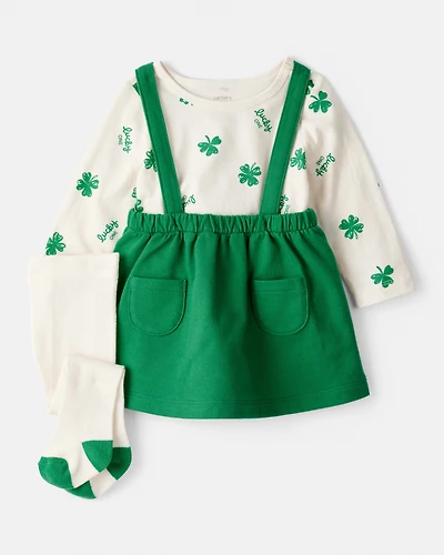 Baby Girl St. Patrick's Day 3-Piece Shamrock Long-Sleeve Top & Skirt Set - Green