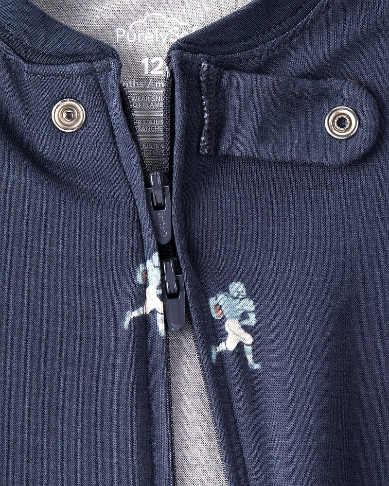 Baby Boy Football Print PurelySoft Long-Sleeve 2-Way Zip 1-Piece pyjamas - Navy Blue