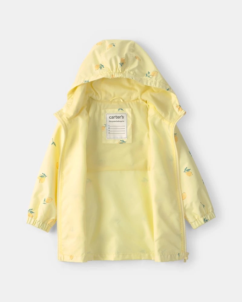 Toddler Girl Lemon Print  Rain Jacket- Yellow