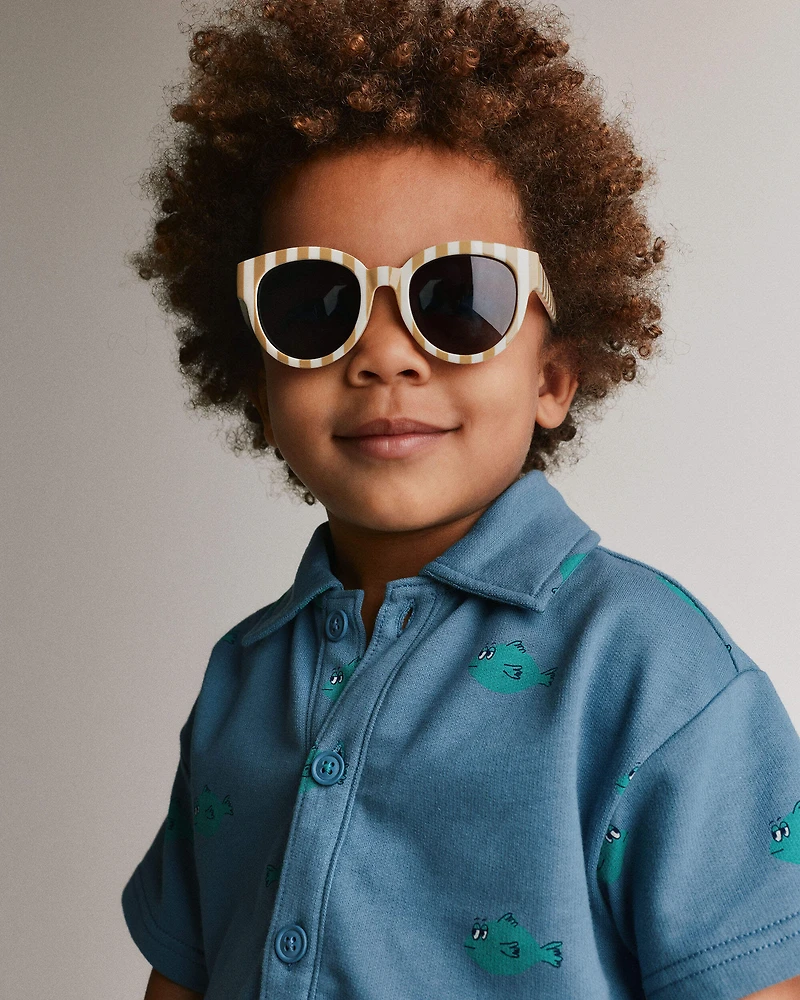 Toddler Boy Button-Down Short-Sleeve Shirt Fish Print - Slate