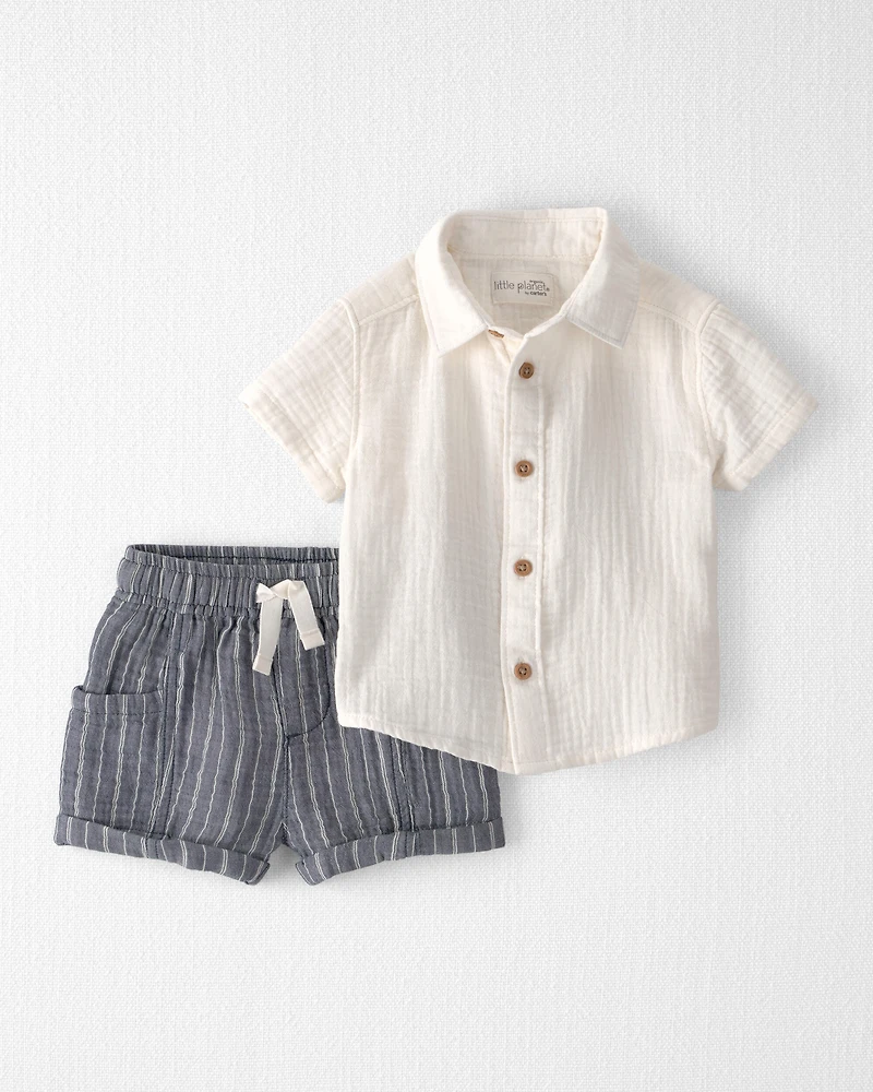 Baby Boy 2-Piece Organic Cotton Gauze Short Set Cream