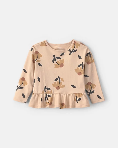 Toddler Girl Floral Long-Sleeve Peplum Top - Tan