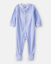 Baby Girl Heart Print Loose Fit Long-Sleeve 2-Way Zip 1-Piece pyjamas - Blue