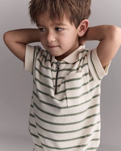 Toddler Boy Zip-Up Polo Stripes - Cream