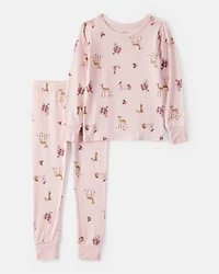 Girls Deer & Floral Print PurelySoft Long-Sleeve 2-Piece pyjamas - Pink