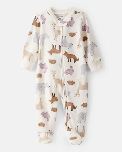 Baby Girl Fox Print 100% Cotton Long-Sleeve Sleeper - Ivory