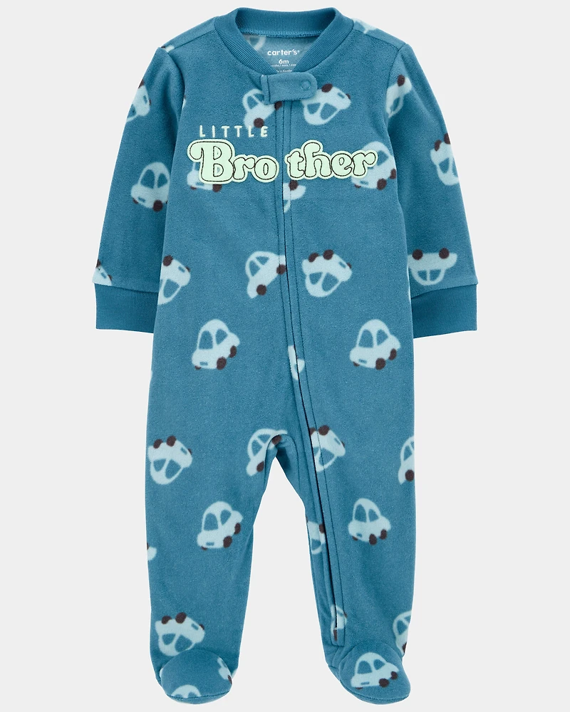 Baby Boy Little Brother Fleece Zip-Up Sleeper - Blue
