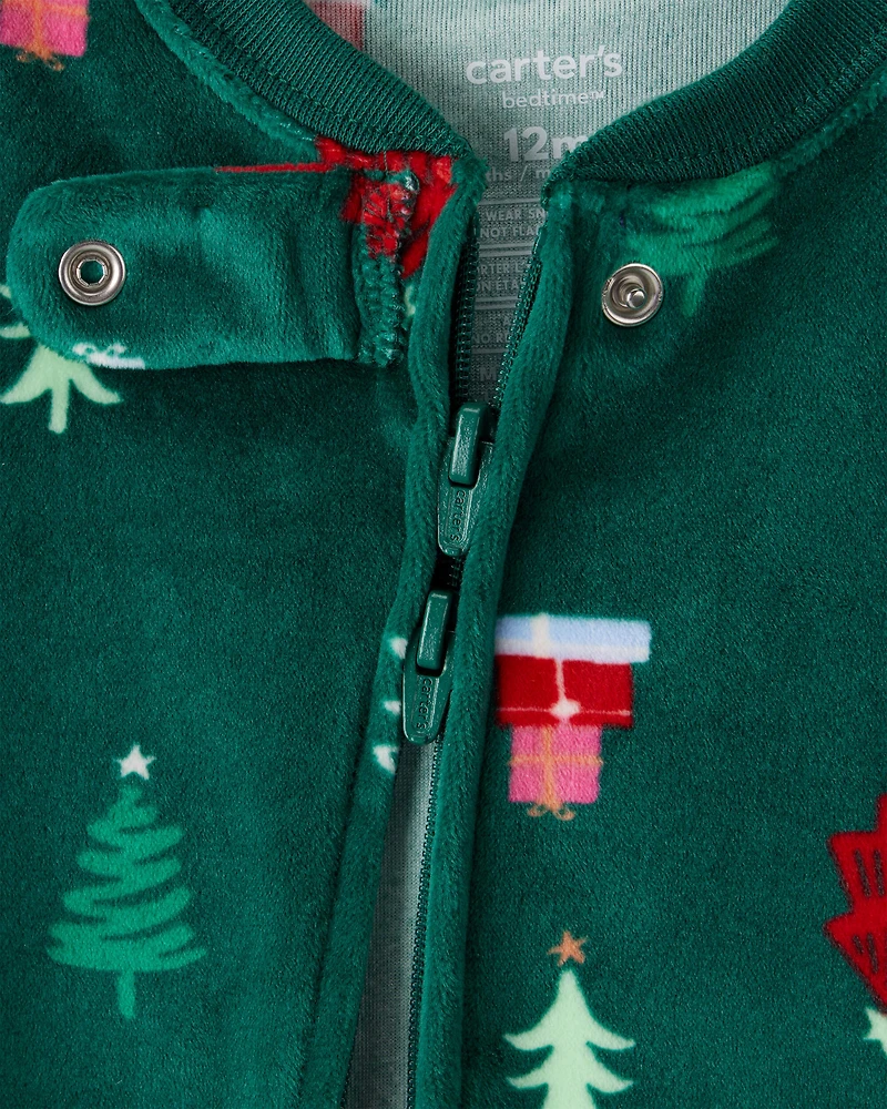 Toddler Christmas Tree Print Velour Long-Sleeve Loose Fit 1-Piece pyjamas - Green
