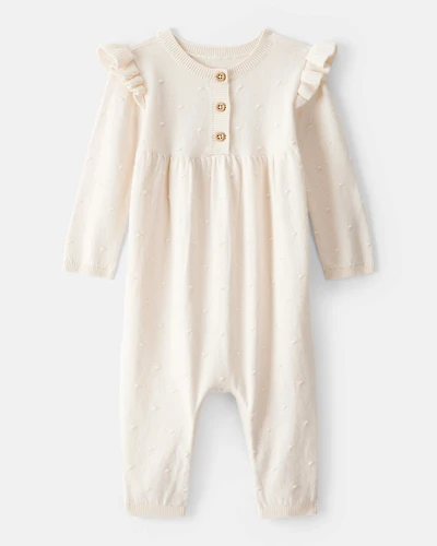 Baby Girl Cotton Long-Sleeve Jumpsuit - White