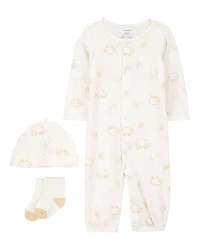 Baby Girl 3-Piece Barnyard Converter Gown & Cap Set - Ivory