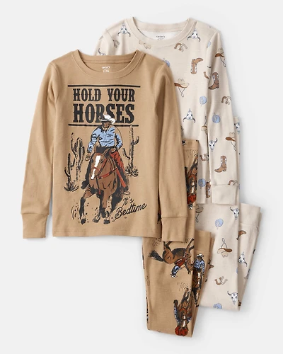 Boys Western Print 100% Cotton Long-Sleeve Snug Fit 4-Piece Pyjamas - Brown