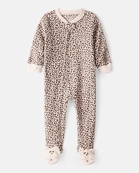 Toddler Girl Leopard Fleece Long-Sleeve Loose Fit 1-Piece Pajamas - Brown