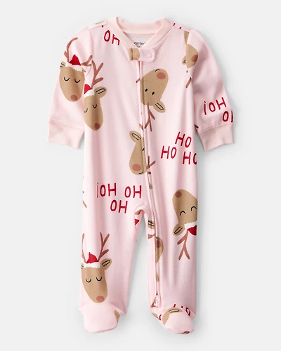 Baby Girl Reindeer 100% Cotton Snug Fit 2-Way Zip Sleeper - Pink