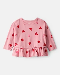 Baby Girl Heart Long-Sleeve Peplum Top - Pink