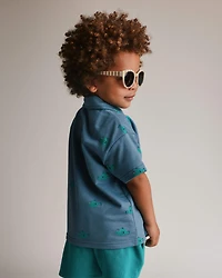 Toddler Boy Button-Down Short-Sleeve Shirt Fish Print - Slate