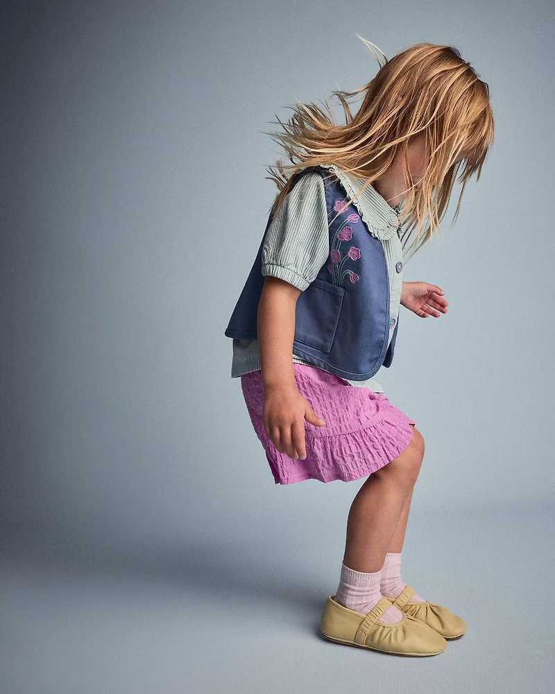 Toddler Girl Embroidered Cropped Vest with Otter Pockets - Slate Blue