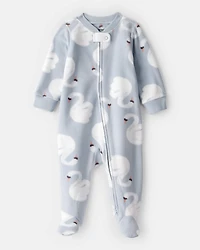 Baby Girl Swan Print Fleece Long-Sleeve Loose Fit Sleeper - Blue
