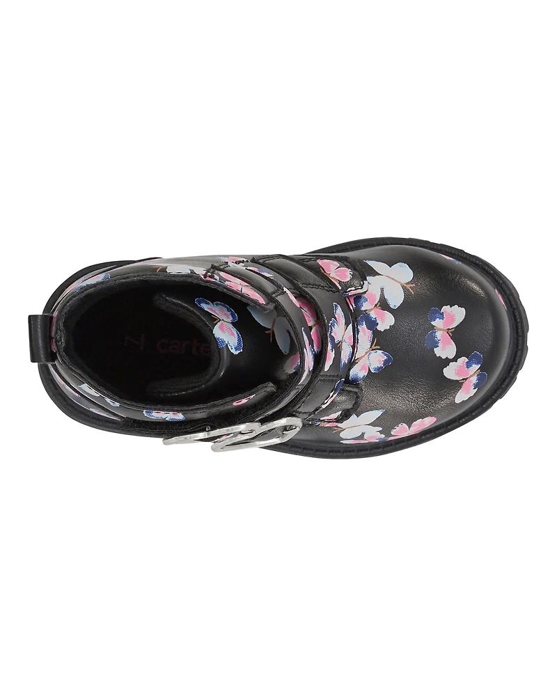 Toddler Girl Butterfly Heart Buckle Boots - Black