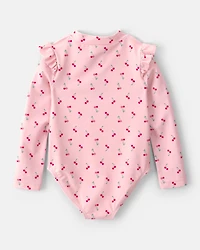 Toddler Girl Cherry Long-Sleeve 1-Piece Rashguard Swimsuit - Pink