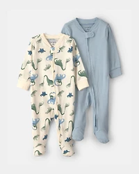 Baby Boy 2-Pack Snug Fit Sleepers Stripe and Dino - Blue