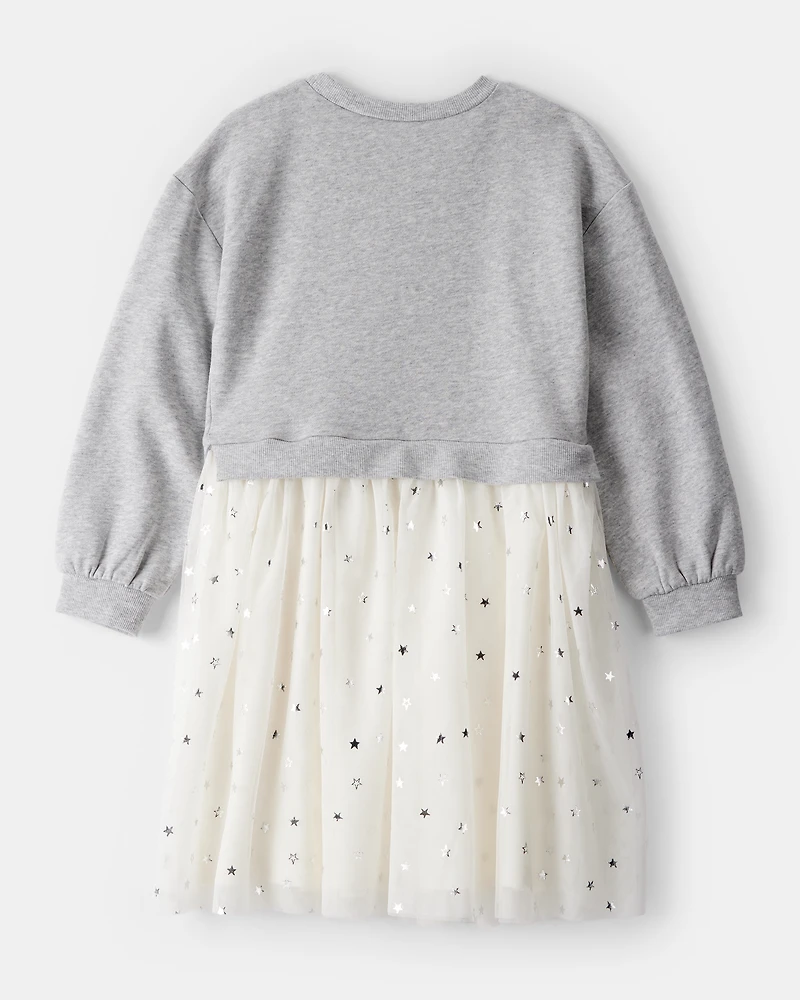 Girls Metallic Star Long-Sleeve Tulle Dress - Grey