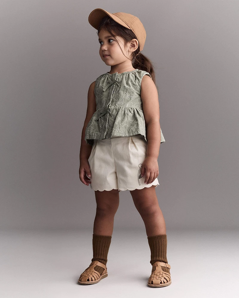 Toddler Girl Floral Scalloped Short - Cream