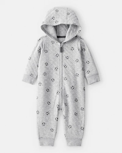 Baby Boy Soccer Quilted Long-Sleeve Hooded Jumpsuit - Black