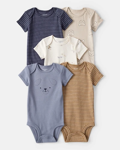 Baby Boy 5-Pack Dog Print Multipack Bodysuits - Blue/White/Navy/Brown