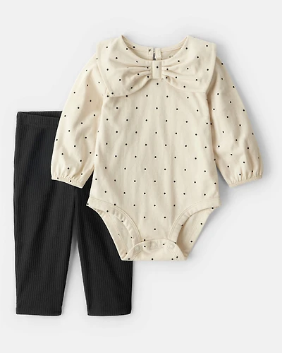 Baby Girl 2-Piece Bow Bodysuit & Pant Set - Cream/Green