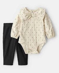 Baby Girl 2-Piece Bow Bodysuit & Pant Set - Cream/Green