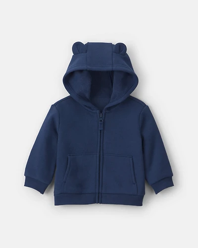 Baby Boy Bear Fleece Zip-Up Hoodie - Navy Blue