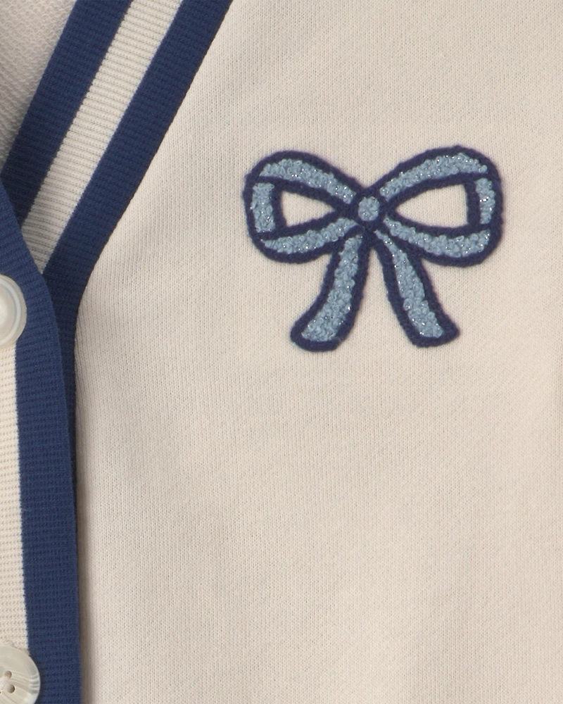 Girls Bow French Terry Cardigan Sweater - Cream