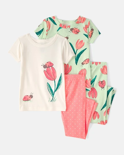 Baby Girl Ladybug Floral 100% Cotton Snug Fit 4-Piece pyjama Set - Pink/Green