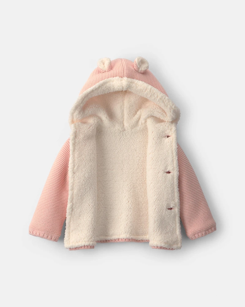 Baby Girl Bear Sweater Knit Hooded Jacket - Pink