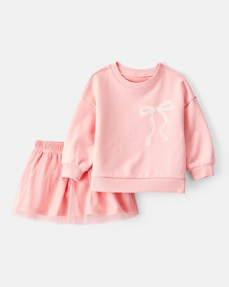 Baby Girl Bow French Terry Long-Sleeve Top & Skirt Set - Pink
