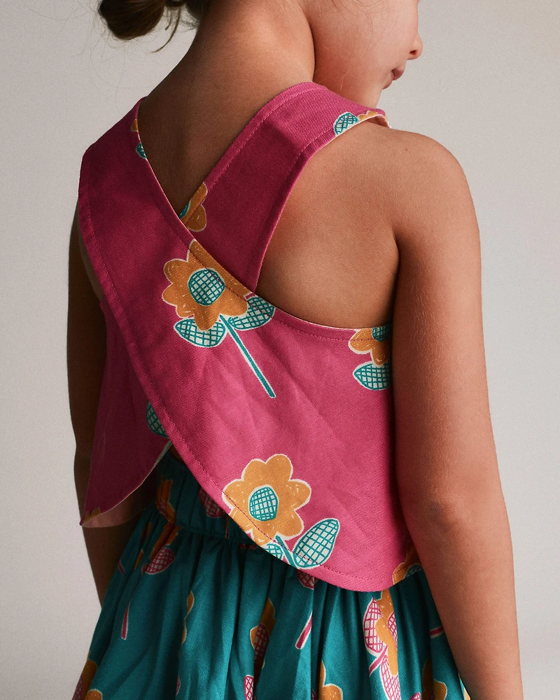 Toddler Girl Reversible Cross-Back Top Floral Print - Hot Pink