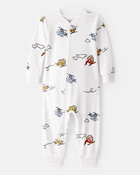 Toddler Boy Helicopter Print DreamPlush Snug Fit Long-Sleeve 2-Way Zip 1-Piece Pyjamas - White