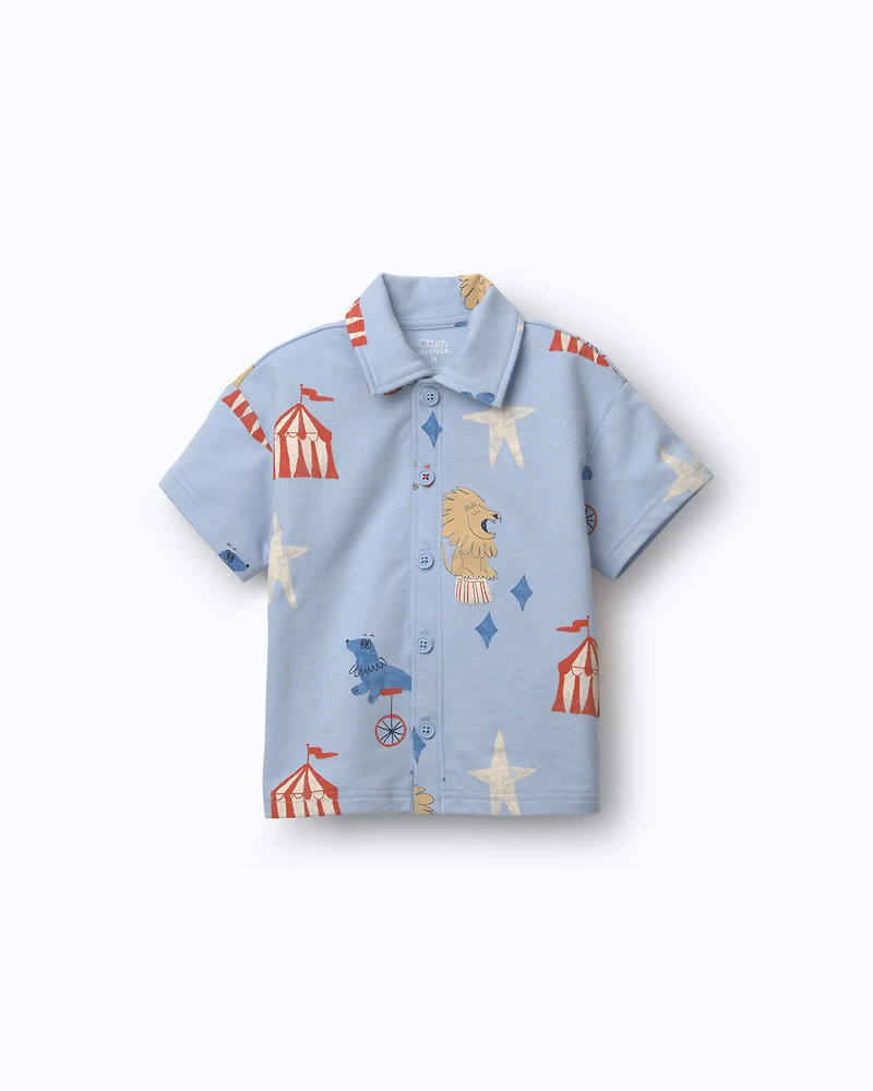 Toddler Boy Button-Down Short-Sleeve Shirt Circus Print - Blue