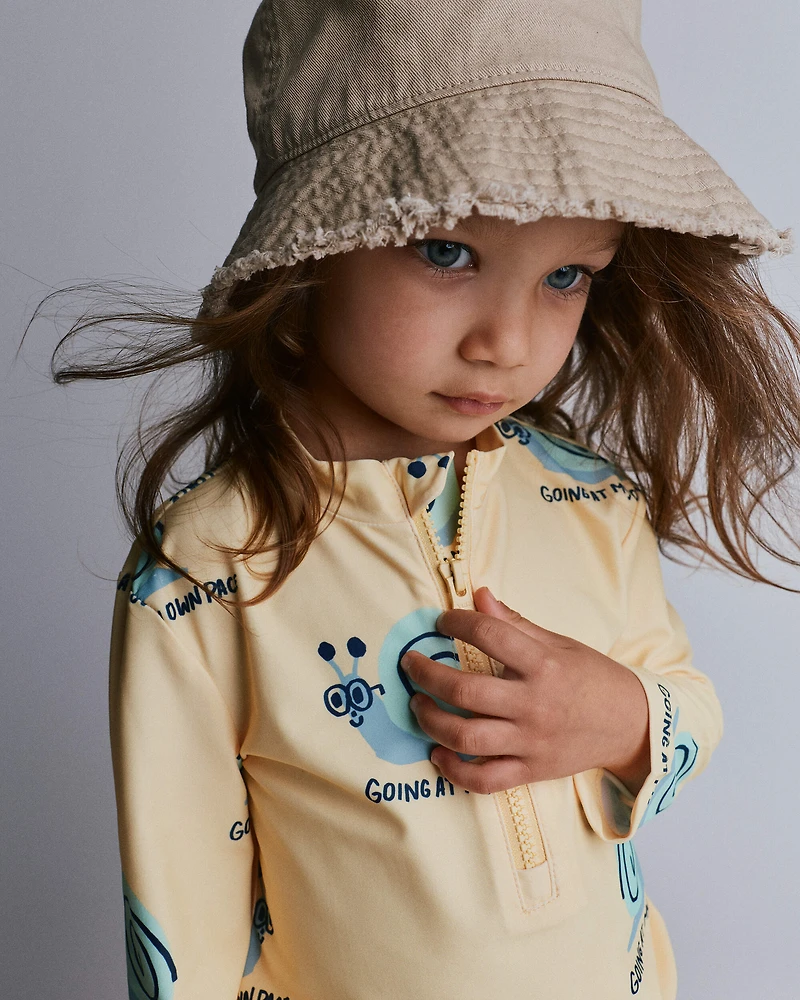 Toddler Half-Zip Long-Sleeve Rashguard Snail Print- Yellow