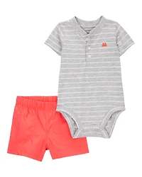 Baby Boy 2-Piece Striped Bodysuit & Pull-On Short Set - Grey/Orange