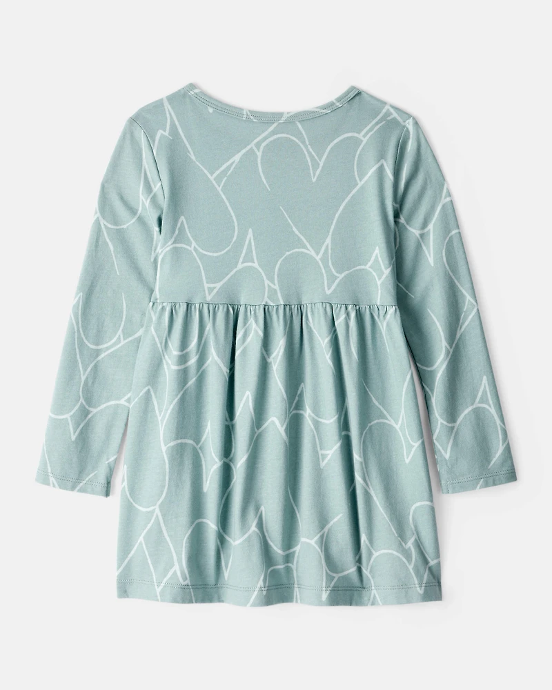 Toddler Girl Heart Print Long Sleeve Cotton Dress - Green